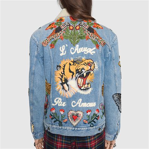 gucci embroidered tiger jacket|gucci denim jacket embroidered rep.